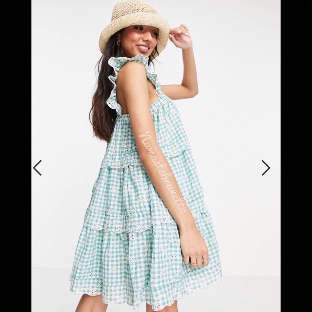 **SOLD***🌻NWOT🌻 Just Me Medium Flowy Green Gingham Embroidered Babydoll Mini - Picture 11 of 17